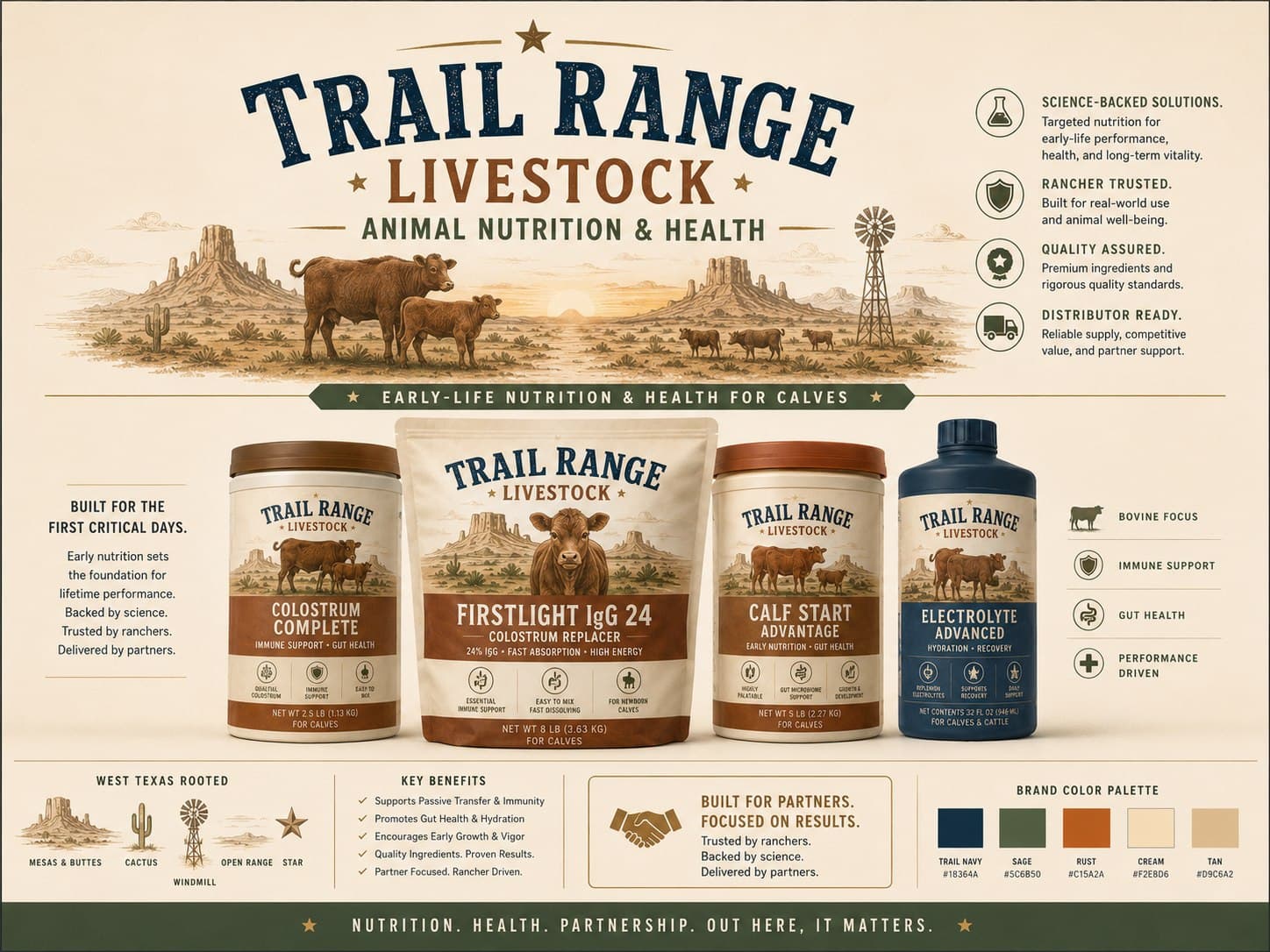 Early-life livestock development concept board featuring the FirstLight IgG 24 colostrum-replacer concept with colostrum, calf-start and electrolyte formats