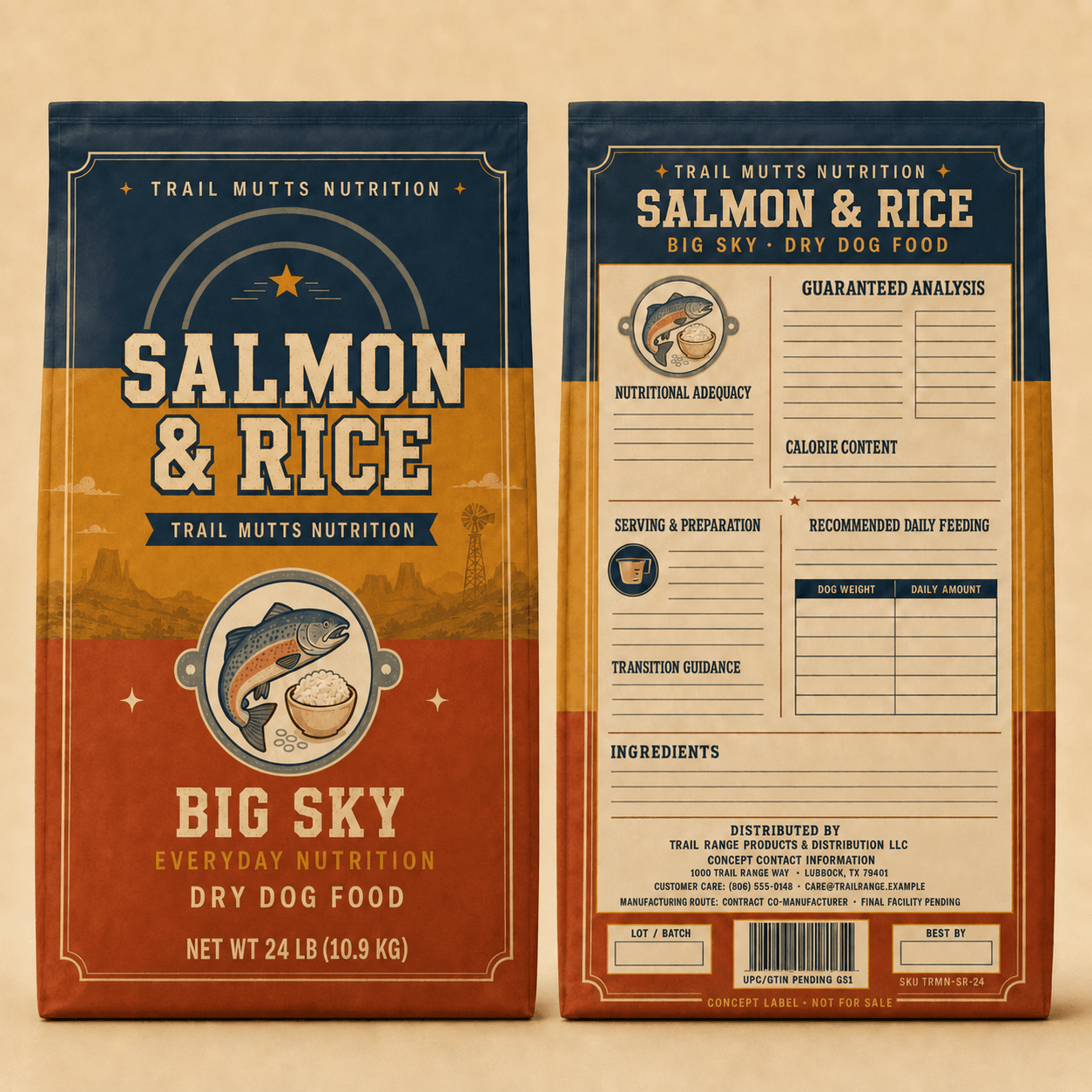 Salmon & Rice front and back label study — a 24 lb bag with a leaping salmon and rice bowl roundel, the front panel reading Salmon & Rice over Big Sky, Everyday Nutrition and Dry Dog Food, and a back panel whose analysis, adequacy, feeding and ingredient fields are ruled but blank.
