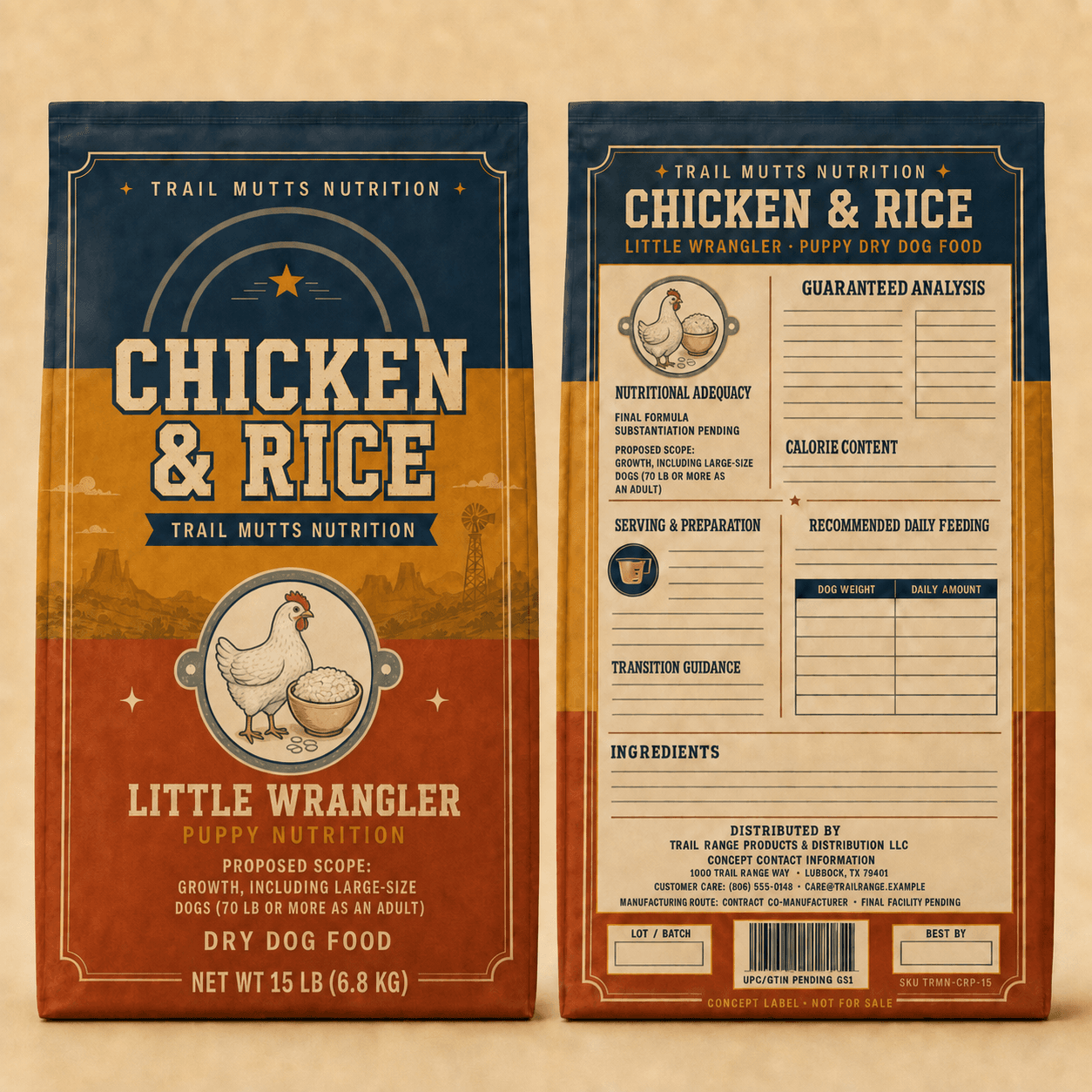 Chicken & Rice front and back label study — a 15 lb puppy bag with a chick and rice roundel, the front panel reading Chicken & Rice over Little Wrangler, and a back panel whose analysis, adequacy, feeding and ingredient fields are ruled but blank.