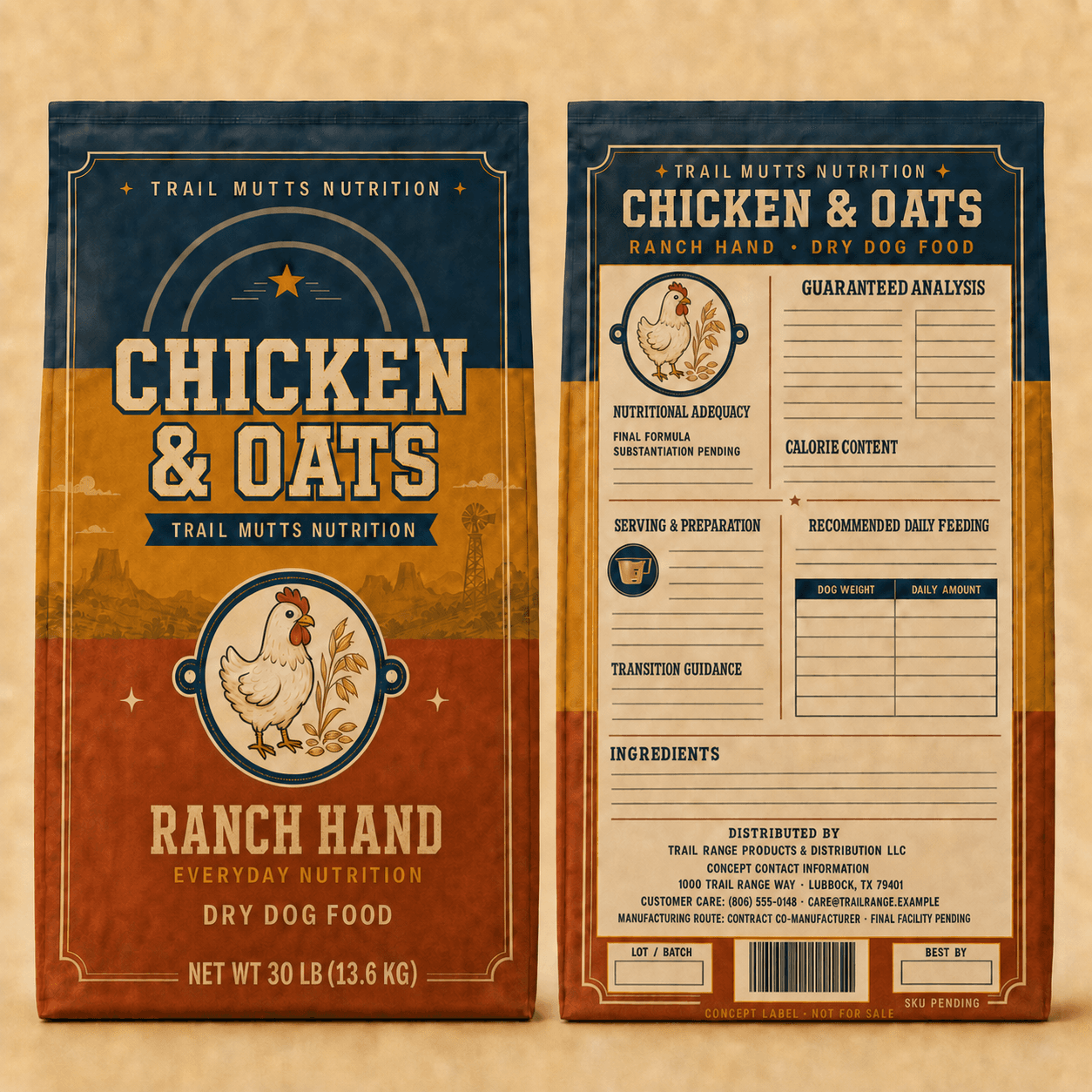 Chicken & Oats front and back label study — a 30 lb bag with a hen and oat sheaf roundel, the front panel reading Chicken & Oats over Ranch Hand, Everyday Nutrition and Dry Dog Food, and a back panel whose analysis, adequacy, feeding and ingredient fields are ruled but blank.