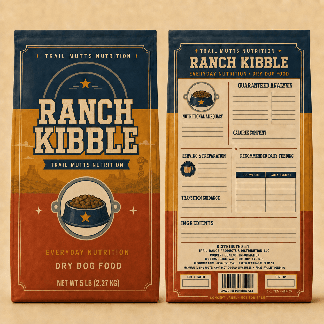 Ranch Kibble 5 lb front and back label study — a small bag with a feed-bowl roundel, the front panel reading Ranch Kibble over Everyday Recipe, Daily Nutrition and Dry Dog Food, and a back panel whose analysis, adequacy, feeding and ingredient fields are ruled but blank.