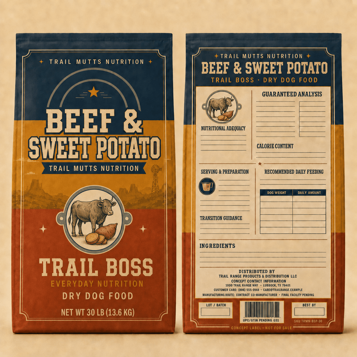Beef & Sweet Potato front and back label study — a 30 lb bag with a longhorn and sweet potato roundel, the front panel reading Beef & Sweet Potato over Trail Boss, and a back panel whose analysis, adequacy, feeding and ingredient fields are ruled but blank.