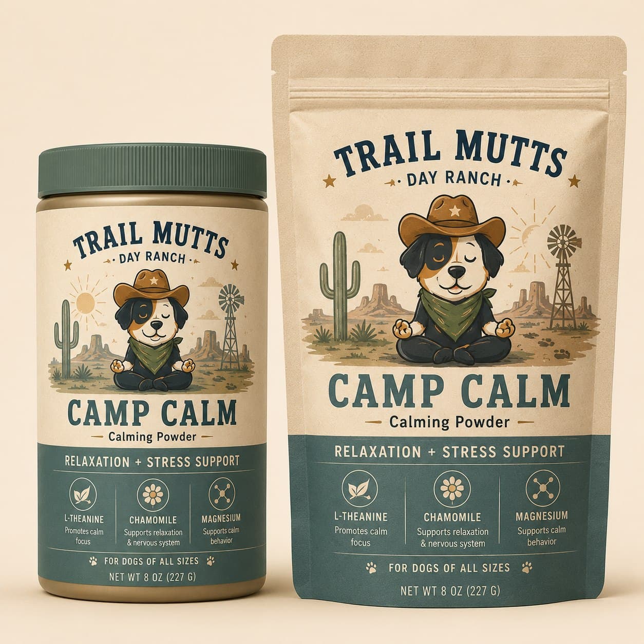 Camp Calm concept packaging — a jar and a stand-up pouch carrying a “Relaxation + Stress Support” band above L-theanine, chamomile and magnesium ingredient icons with function lines beneath each.