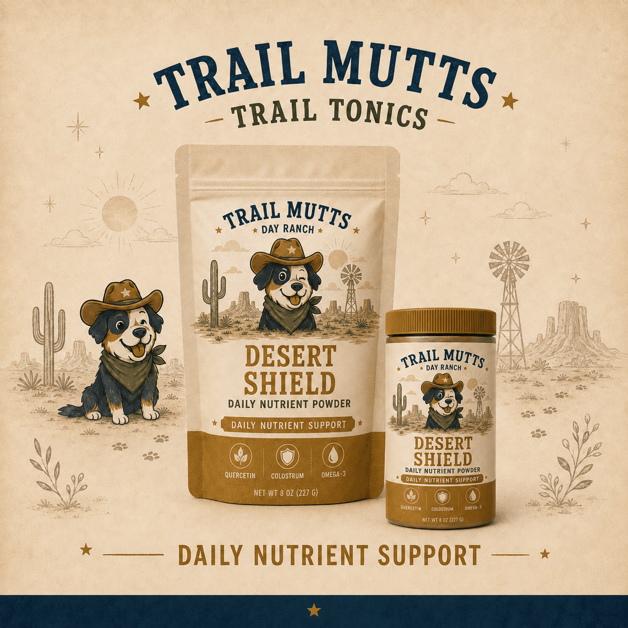 Desert Shield concept packaging — a jar and a stand-up pouch labeled “Daily Nutrient Powder” over a “Daily Nutrient Blend” band, with quercetin, colostrum and omega-3 shown as named ingredients without function statements.