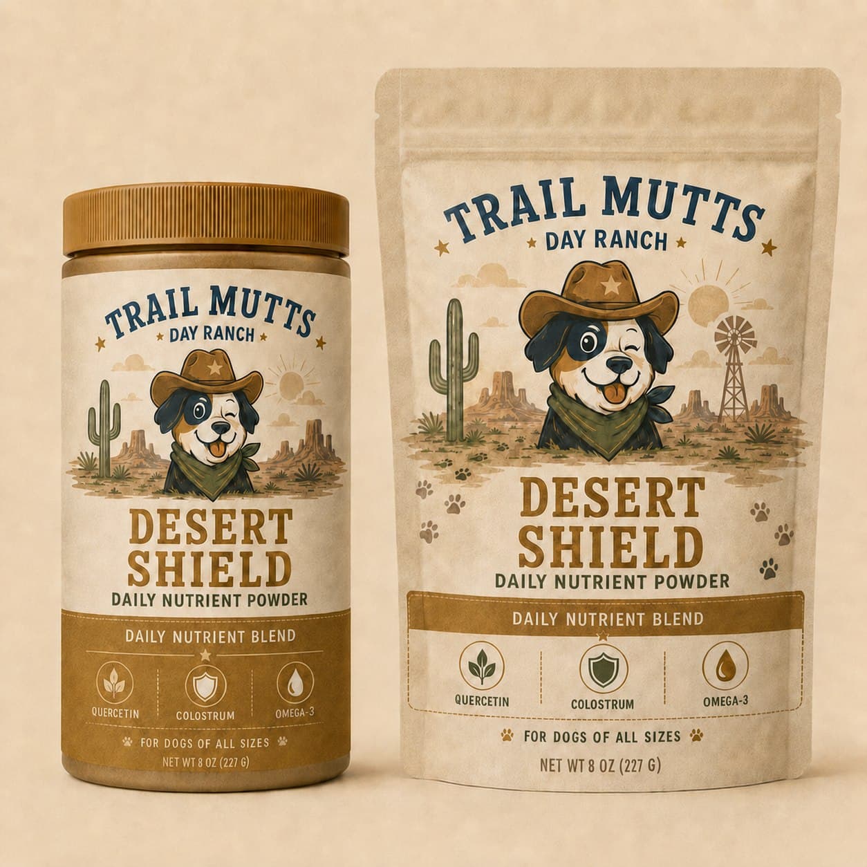 Desert Shield concept packaging — a jar and a stand-up pouch labelled “Daily Nutrient Powder” over a “Daily Nutrient Blend” band, with quercetin, colostrum and omega-3 shown as named ingredients without function statements.