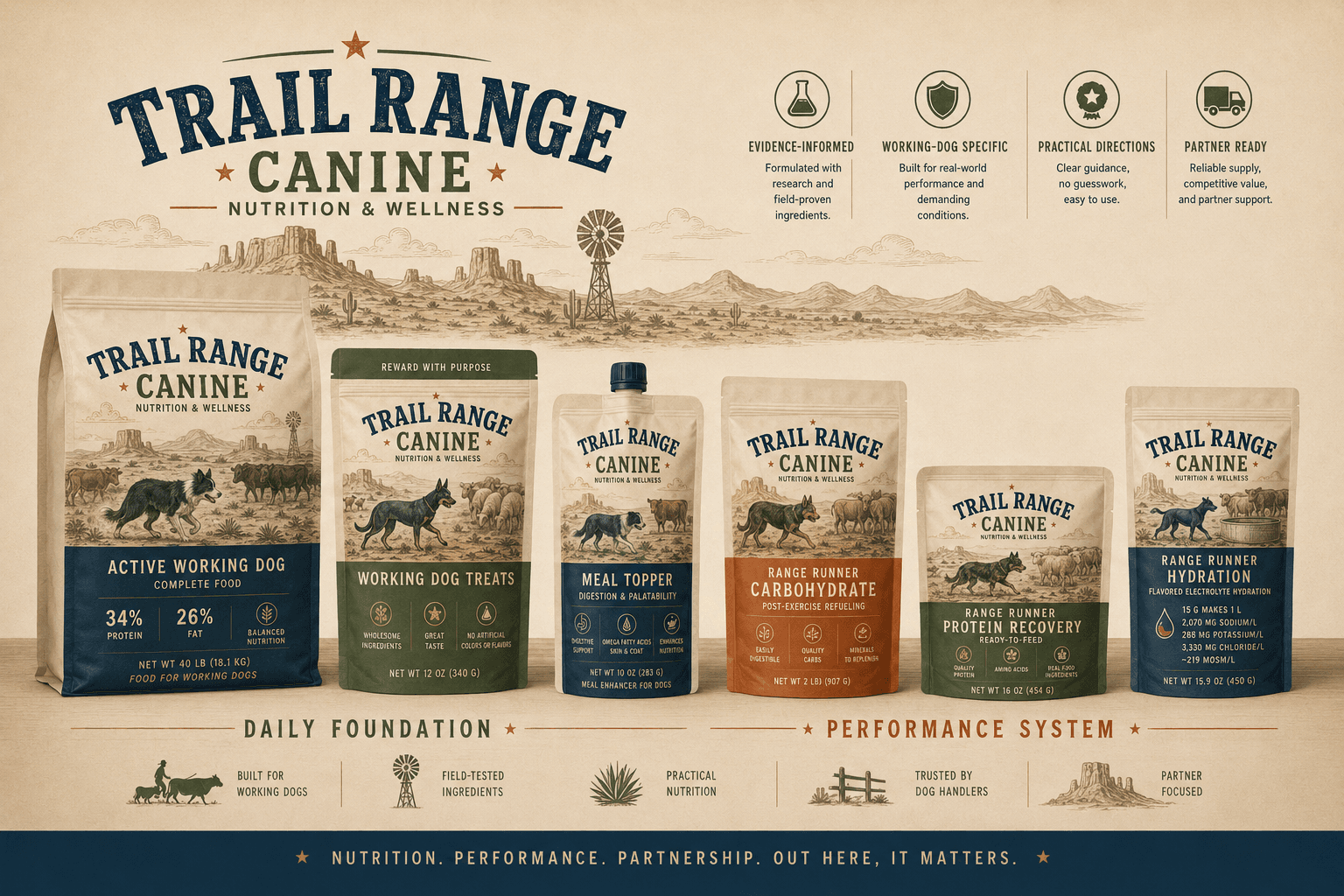 Trail Range Canine line board showing the working-dog food, treats, performance powder and meal topper formats